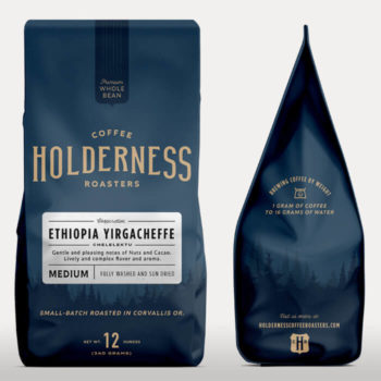 Coffee bean bag featuring the Holderness logo and branding
