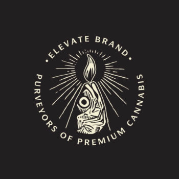Illustrated logo mark for Elevate brand featured as tee shirt graphic and on printed materials